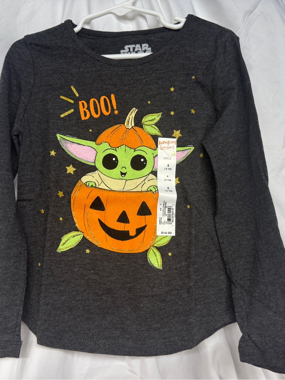 Grogu Star Wars Pumpkin Girls Halloween Boo Long Sleeve Tshirt Size 5